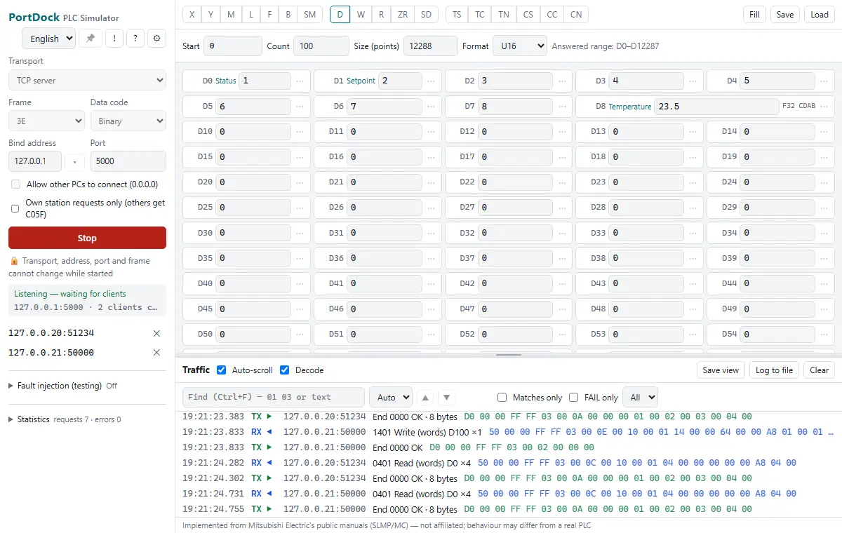 PortDock PLC Simulator screen — MC protocol (SLMP) server simulator for testing without a PLC